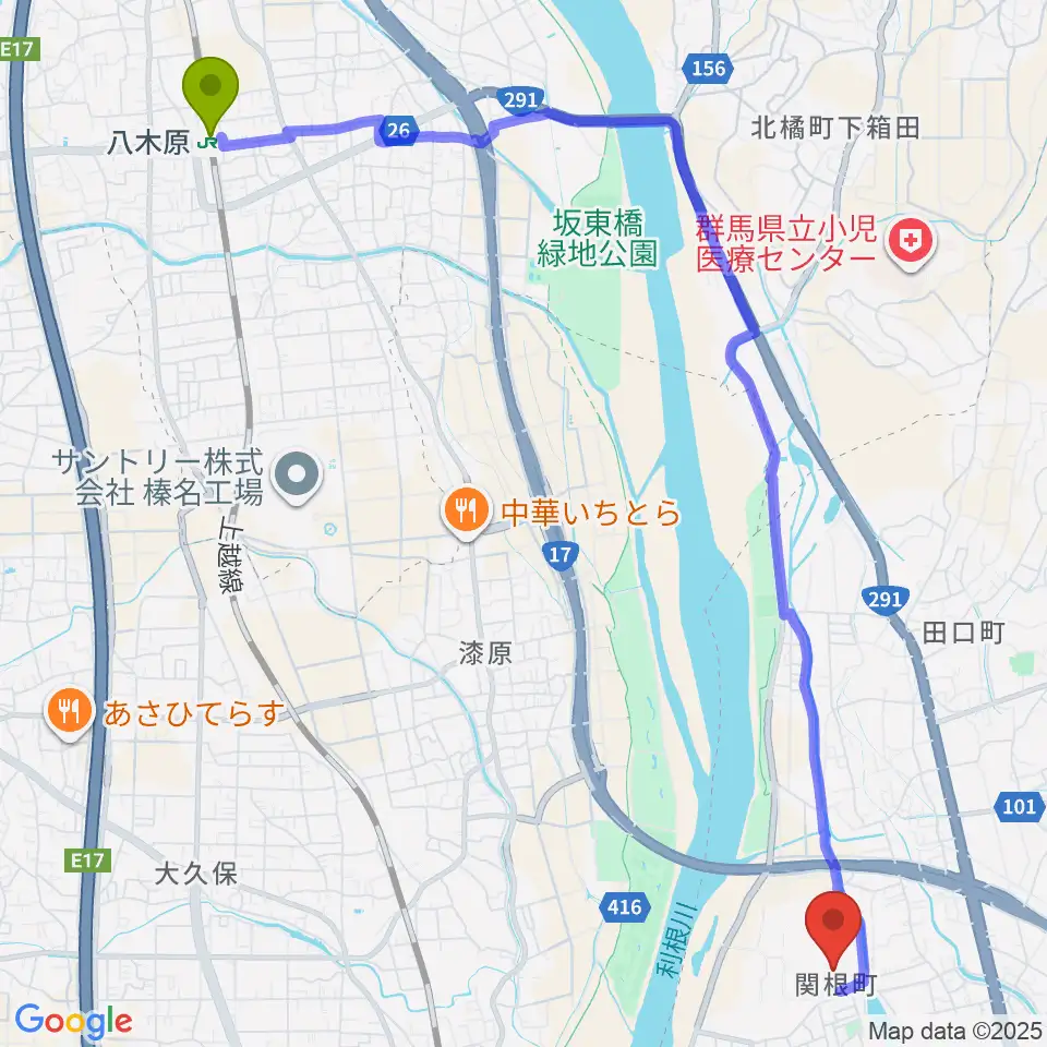 八木原駅からALSOKぐんま武道館へのルートマップ地図