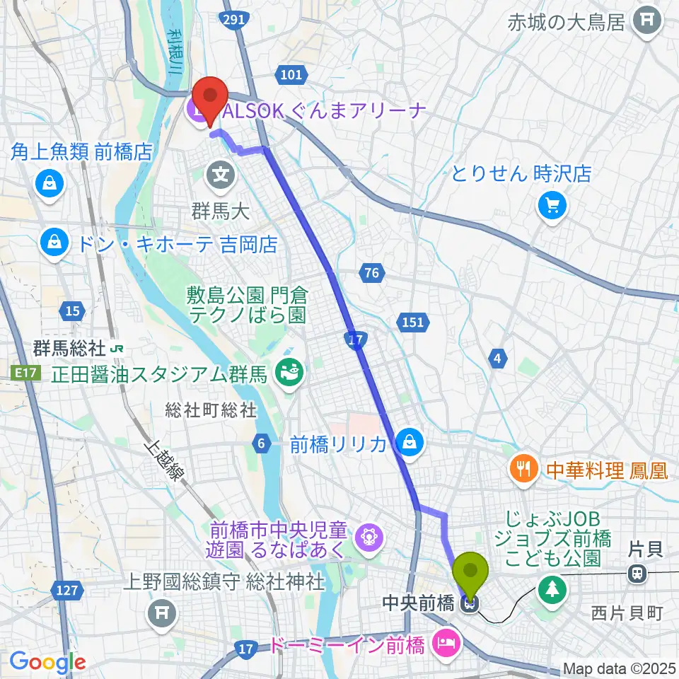 中央前橋駅からALSOKぐんま武道館へのルートマップ地図