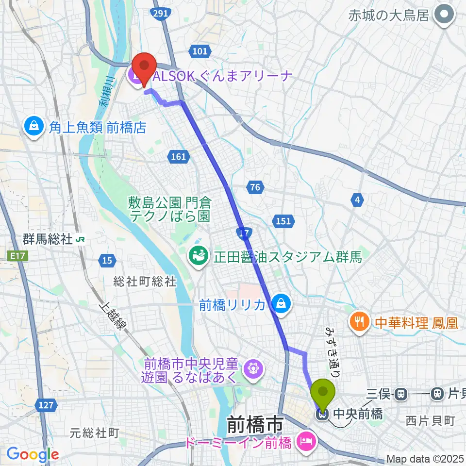 中央前橋駅からALSOKぐんま武道館へのルートマップ地図