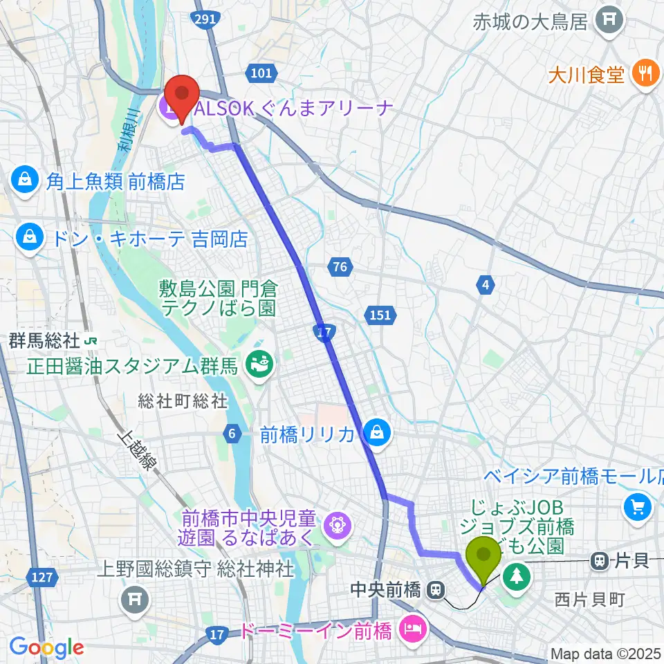 城東駅からALSOKぐんま武道館へのルートマップ地図