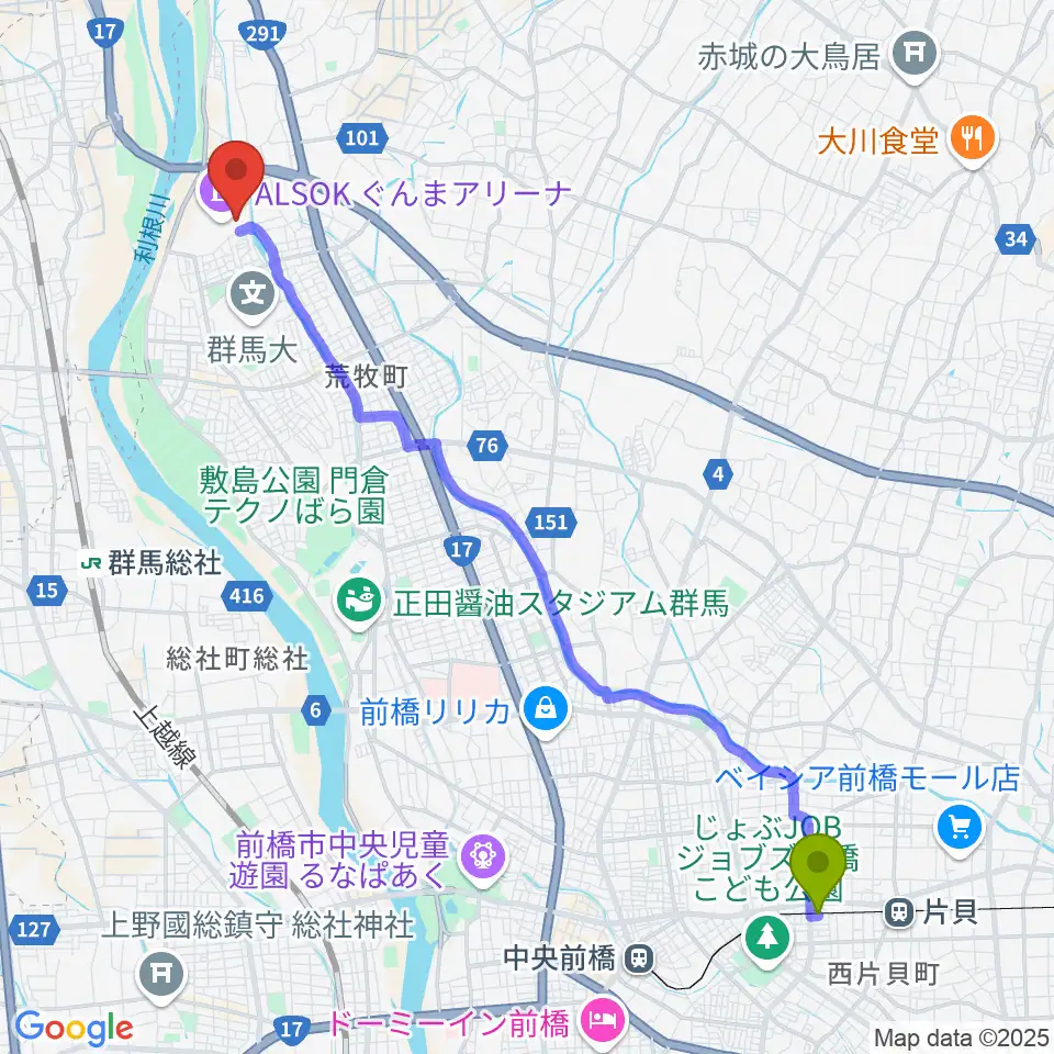 三俣駅からALSOKぐんま武道館へのルートマップ地図