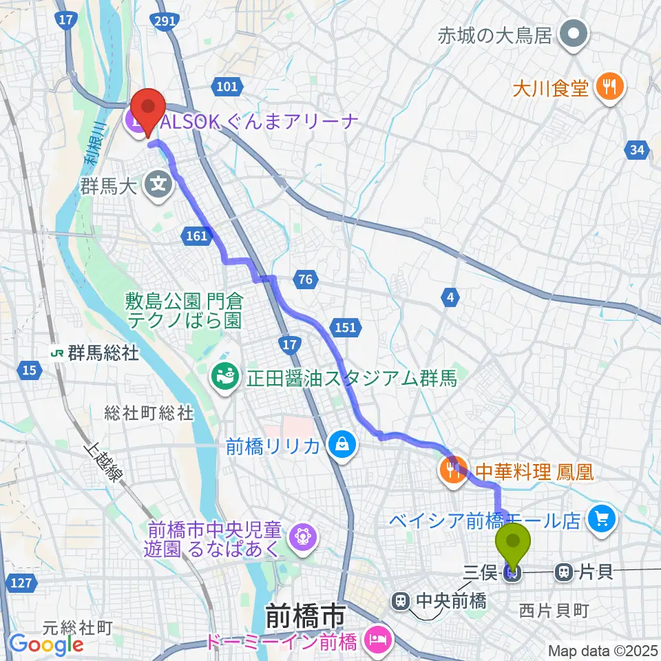 三俣駅からALSOKぐんま武道館へのルートマップ地図