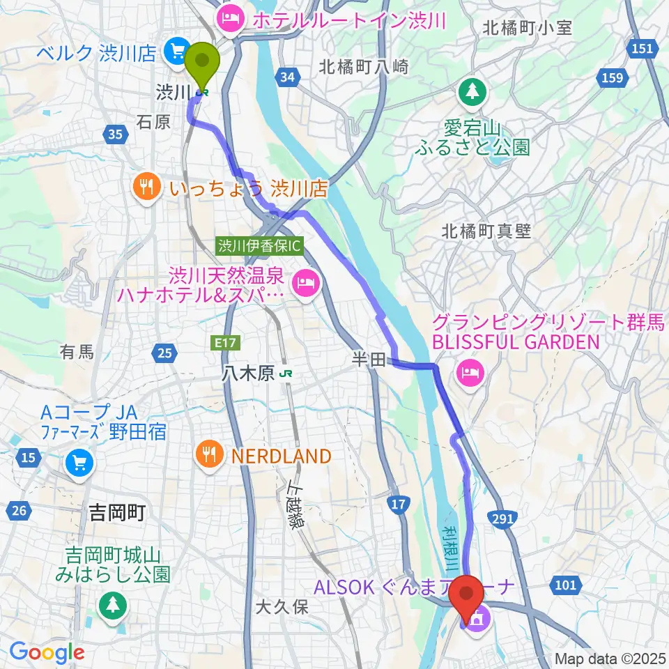 渋川駅からALSOKぐんまアイスアリーナへのルートマップ地図