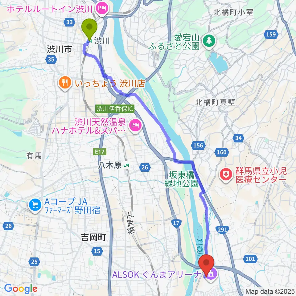 渋川駅からALSOKぐんまアイスアリーナへのルートマップ地図
