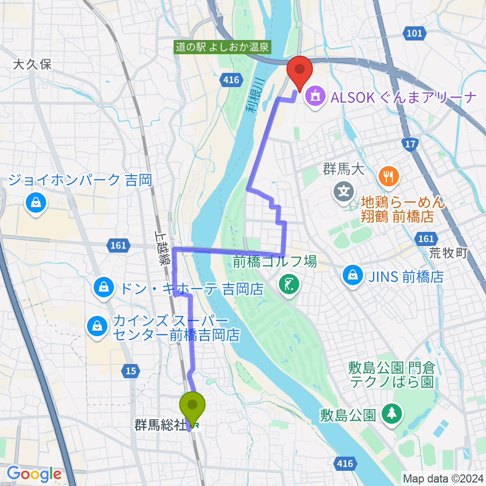 ALSOKぐんまアイスアリーナの最寄駅群馬総社駅からの徒歩ルート（約44分）地図