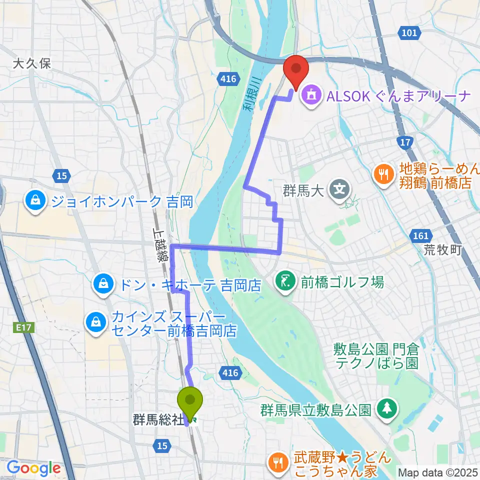 ALSOKぐんまアイスアリーナの最寄駅群馬総社駅からの徒歩ルート（約44分）地図