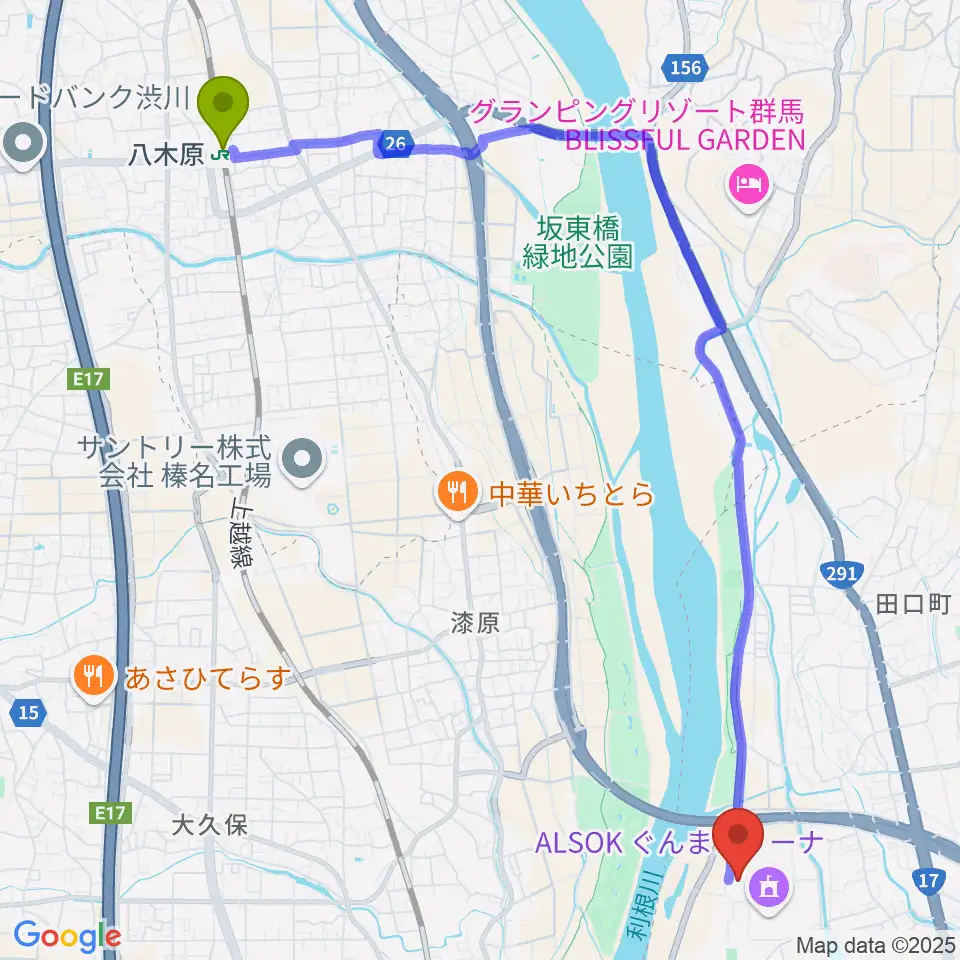 八木原駅からALSOKぐんまアイスアリーナへのルートマップ地図