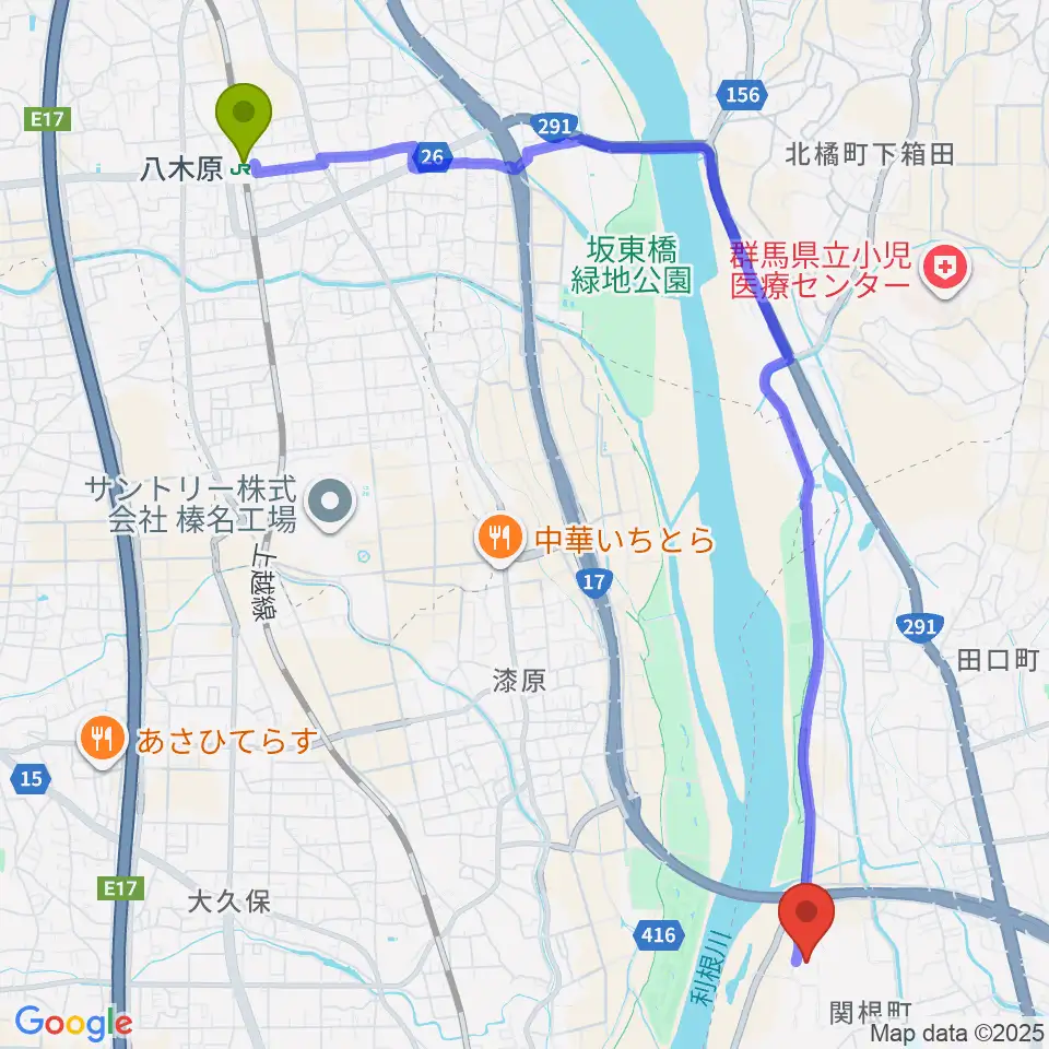 八木原駅からALSOKぐんまアイスアリーナへのルートマップ地図