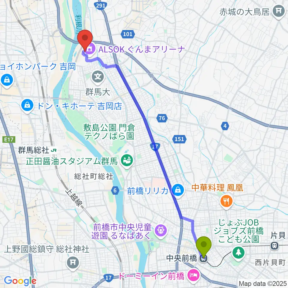 中央前橋駅からALSOKぐんまアイスアリーナへのルートマップ地図