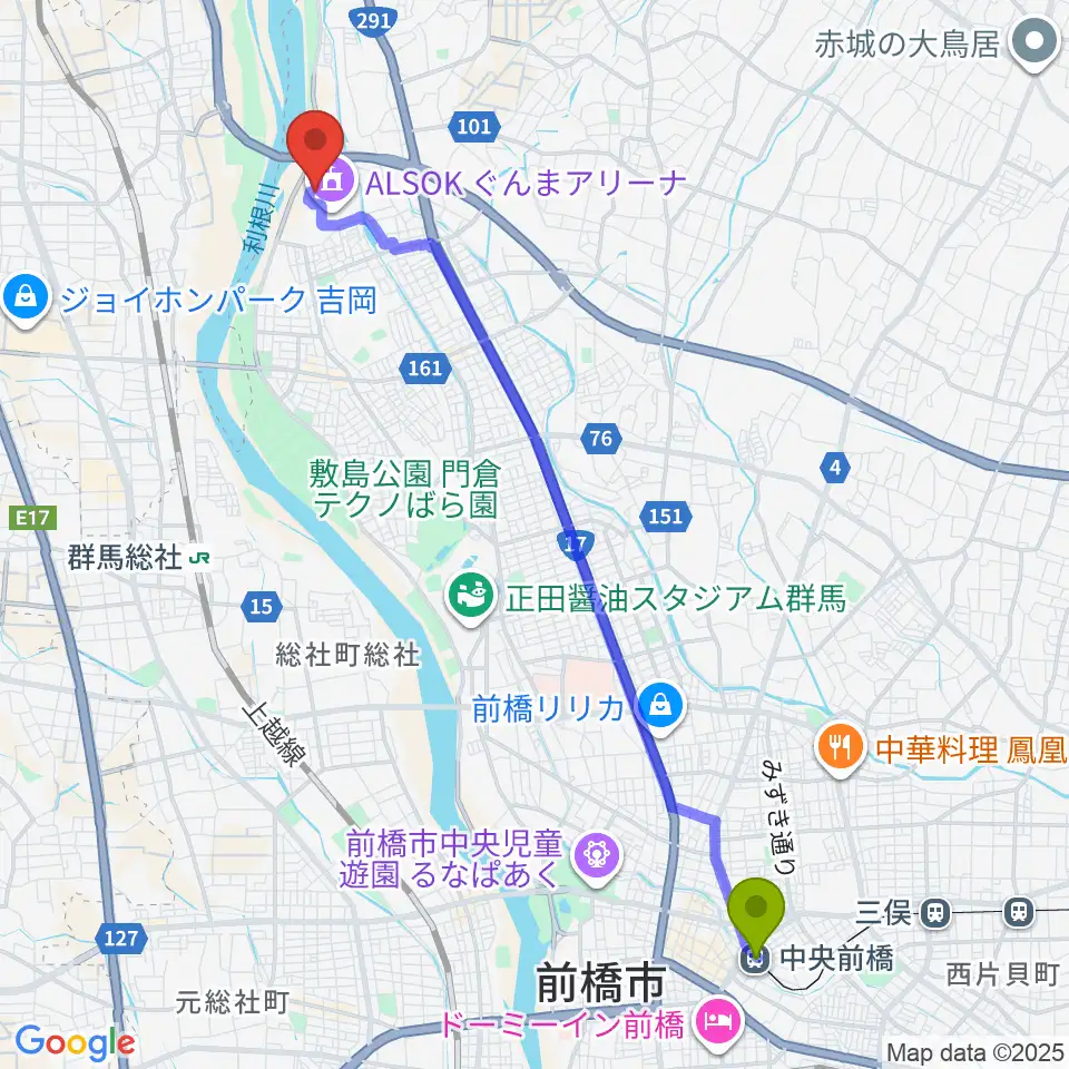 中央前橋駅からALSOKぐんまアイスアリーナへのルートマップ地図