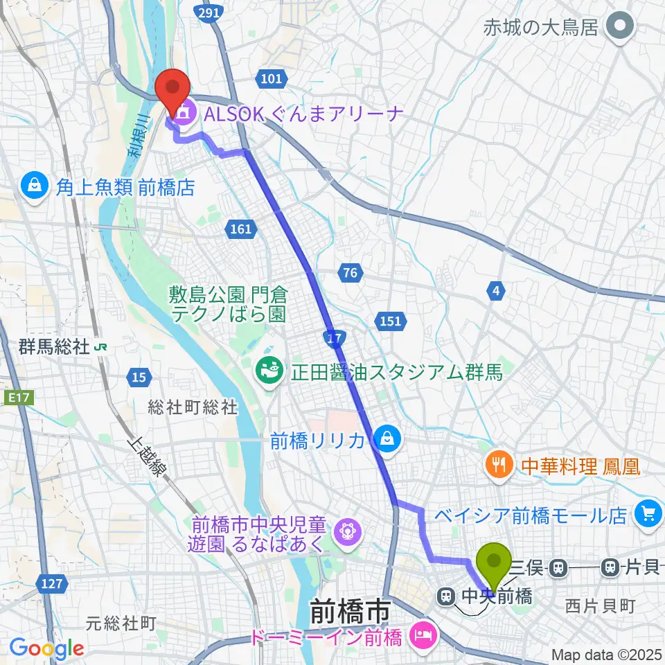 城東駅からALSOKぐんまアイスアリーナへのルートマップ地図