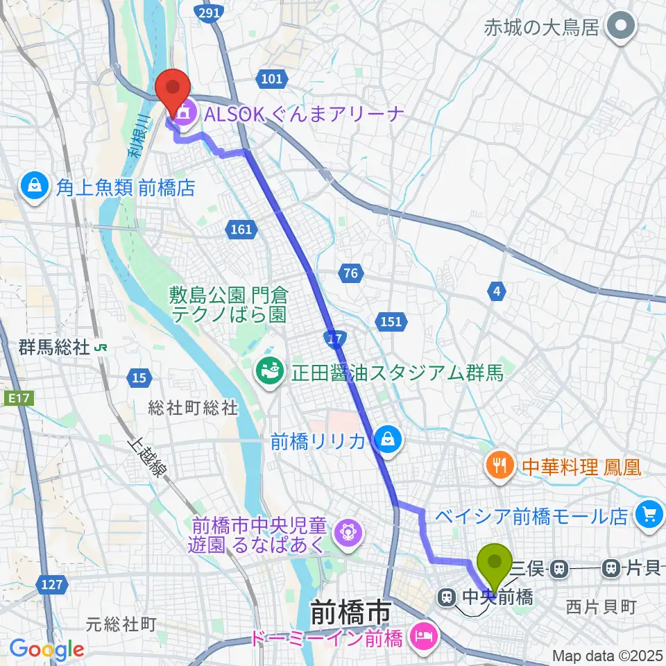 城東駅からALSOKぐんまアイスアリーナへのルートマップ地図