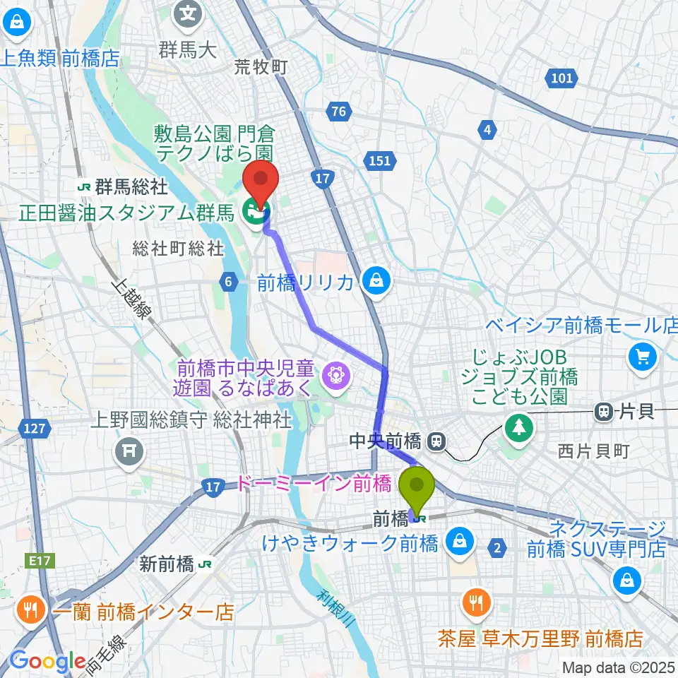 前橋駅からアースケア敷島サッカー・ラグビー場へのルートマップ地図
