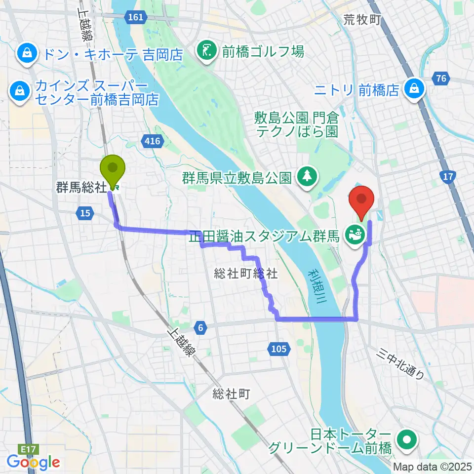 アースケア敷島サッカー・ラグビー場の最寄駅群馬総社駅からの徒歩ルート（約33分）地図