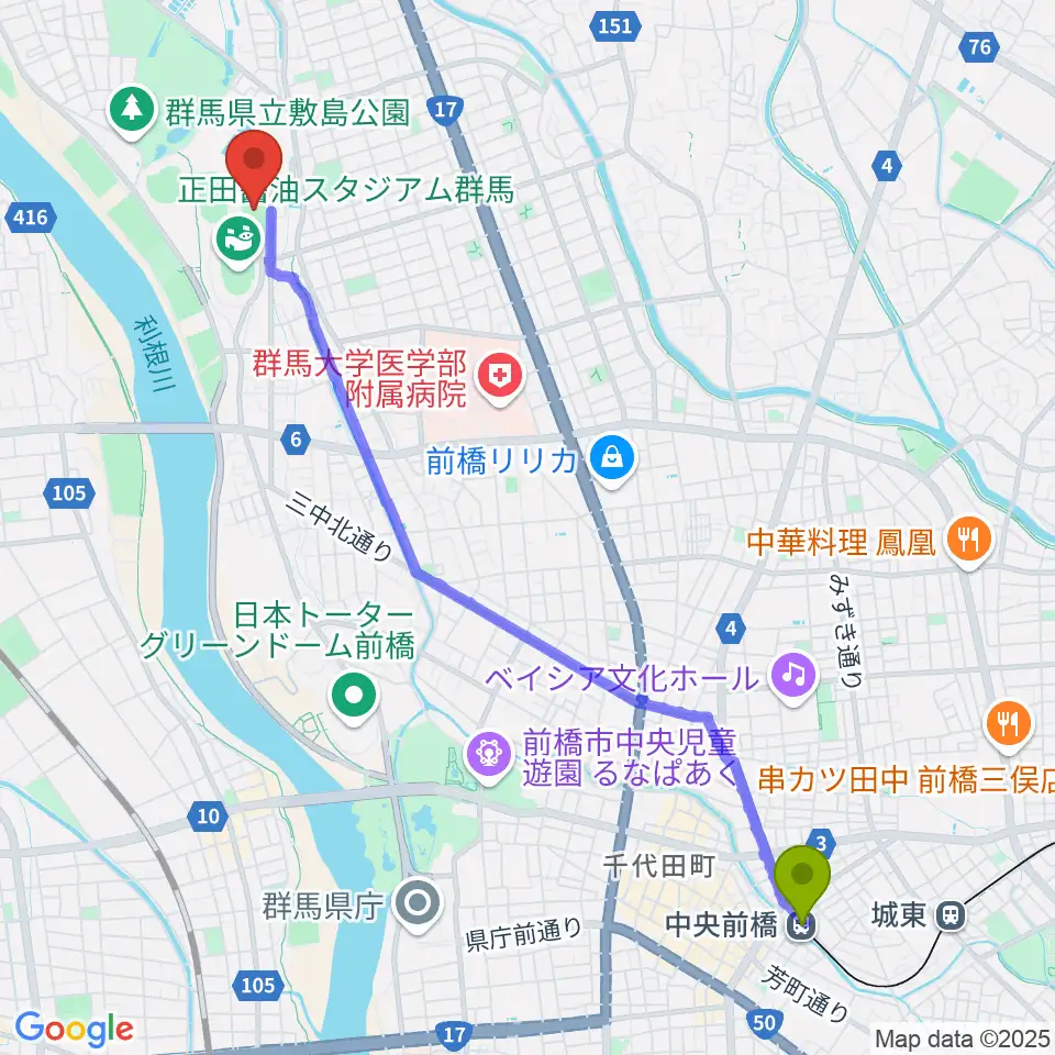中央前橋駅からアースケア敷島サッカー・ラグビー場へのルートマップ地図