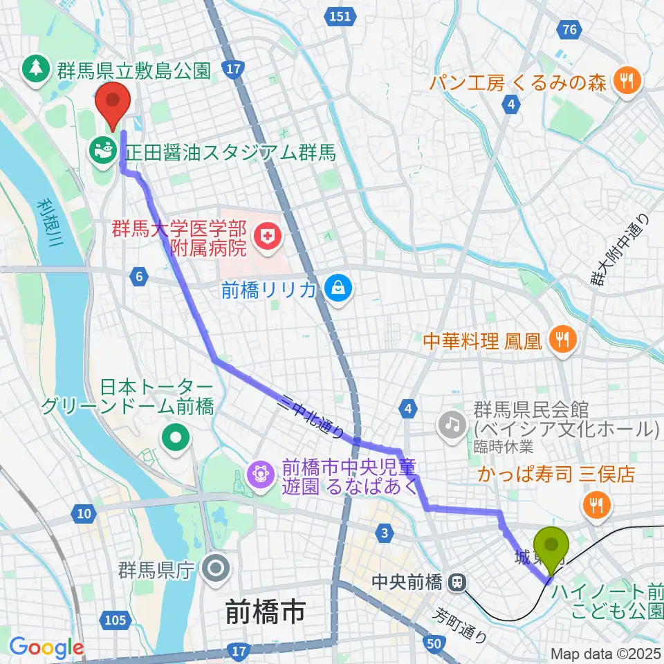 城東駅からアースケア敷島サッカー・ラグビー場へのルートマップ地図