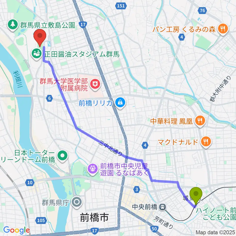 城東駅からアースケア敷島サッカー・ラグビー場へのルートマップ地図