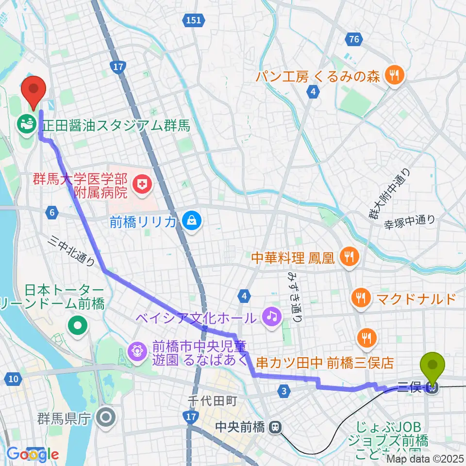 三俣駅からアースケア敷島サッカー・ラグビー場へのルートマップ地図