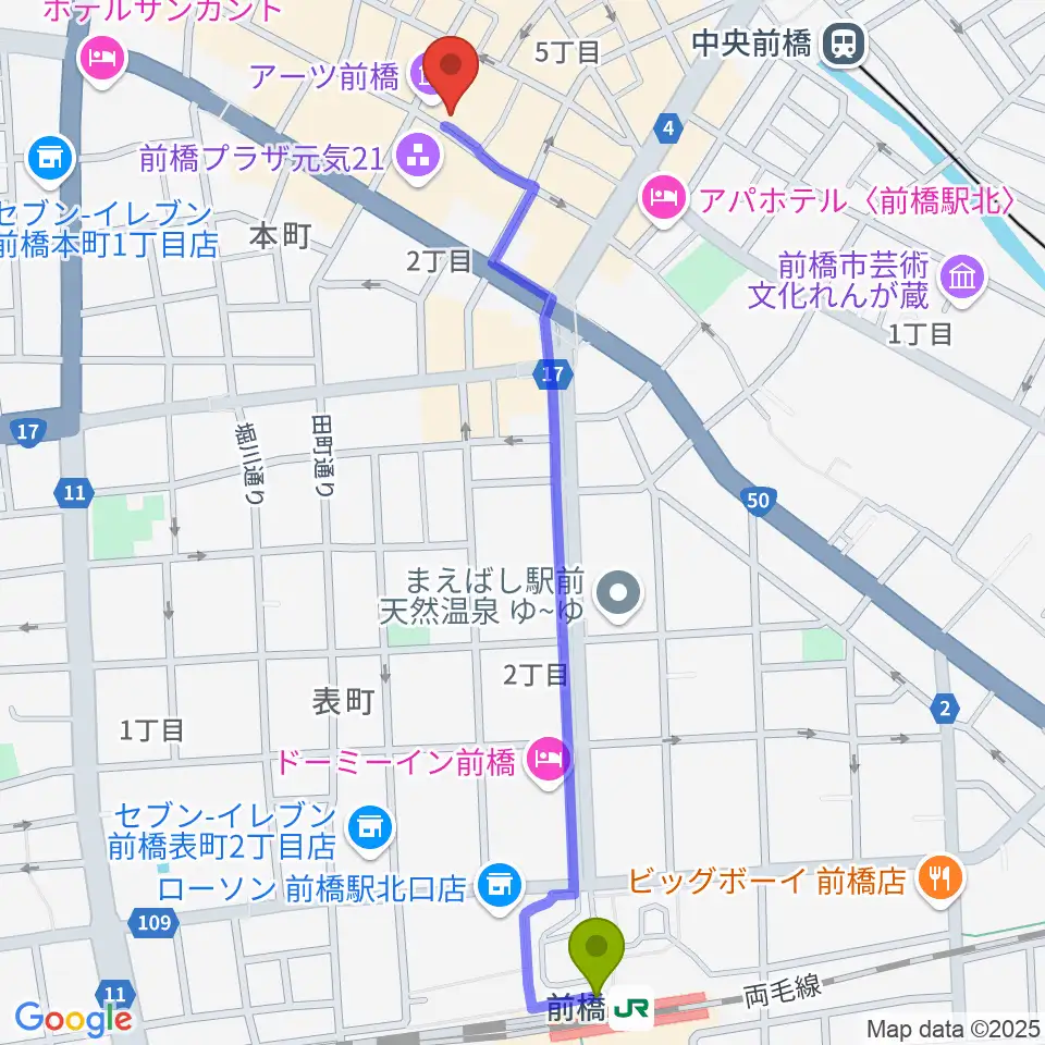 前橋駅から前橋シネマハウスへのルートマップ地図