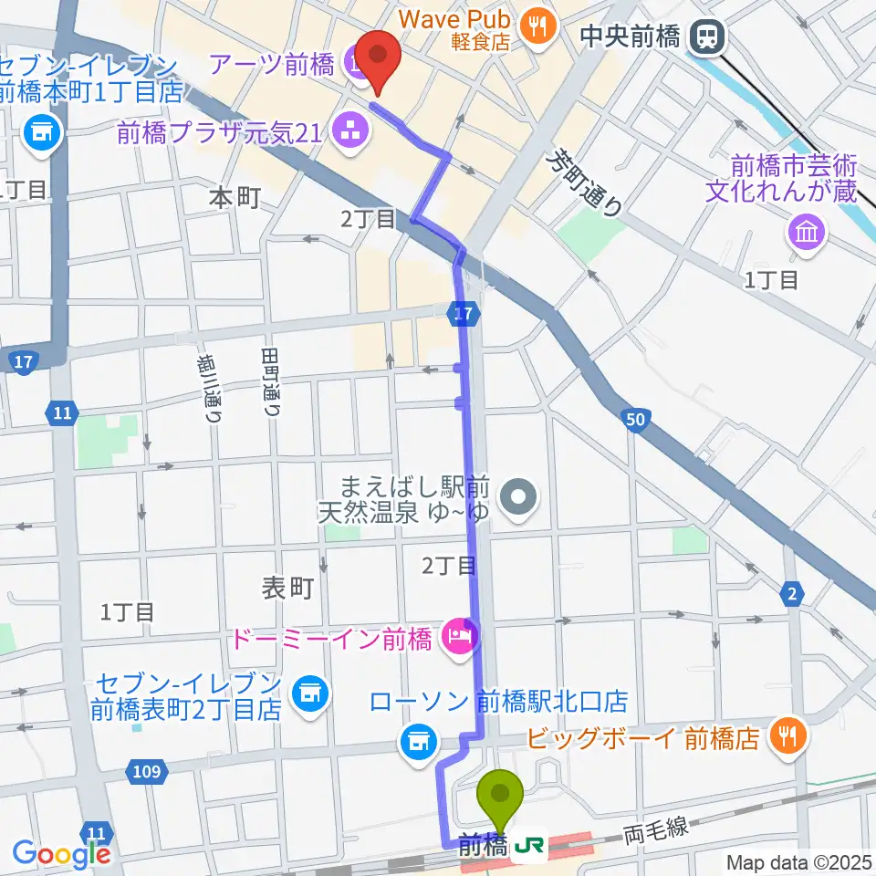 前橋駅から前橋シネマハウスへのルートマップ地図