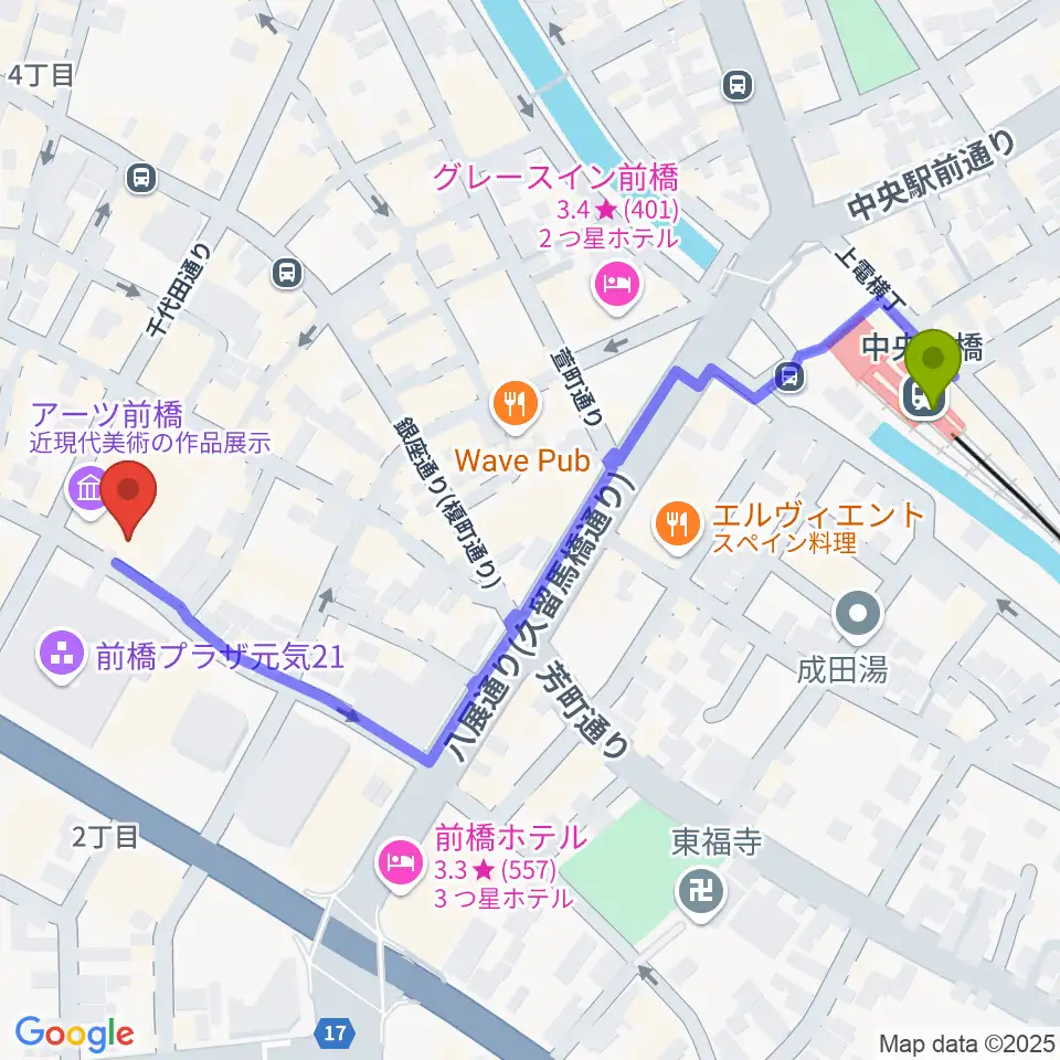 前橋シネマハウスの最寄駅中央前橋駅からの徒歩ルート（約6分）地図