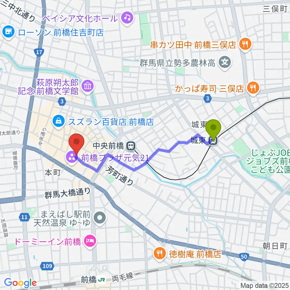 城東駅から前橋シネマハウスへのルートマップ地図