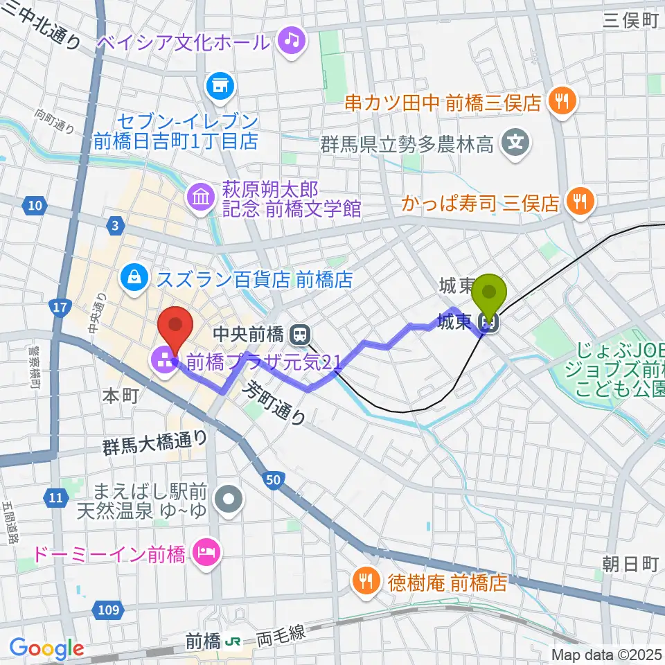 城東駅から前橋シネマハウスへのルートマップ地図