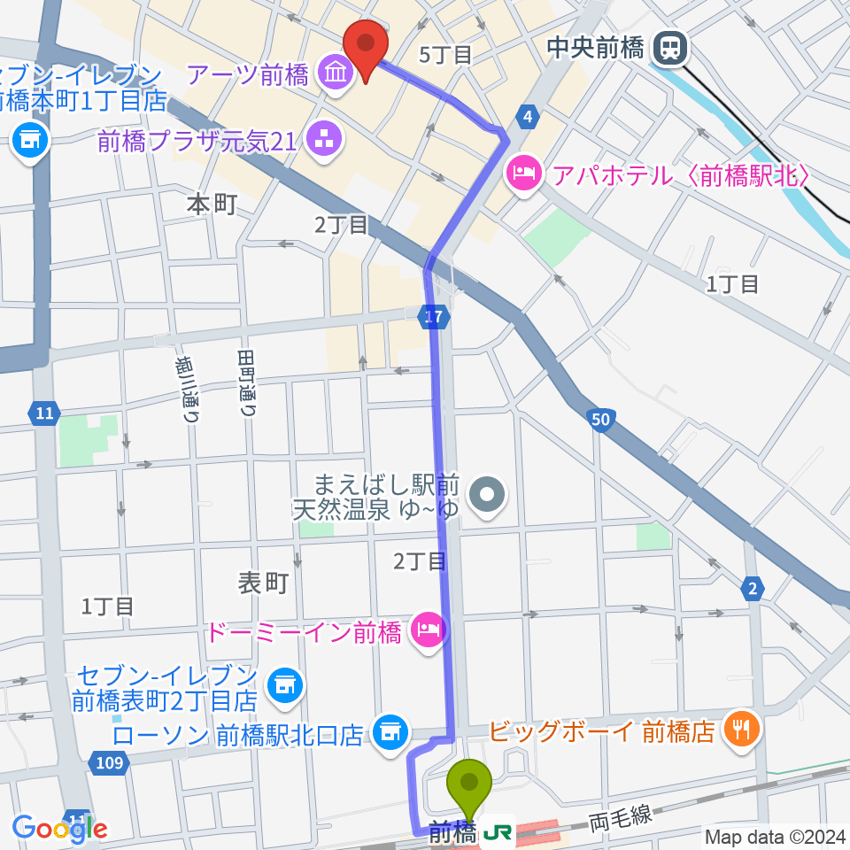 前橋駅からアーツ前橋へのルートマップ地図