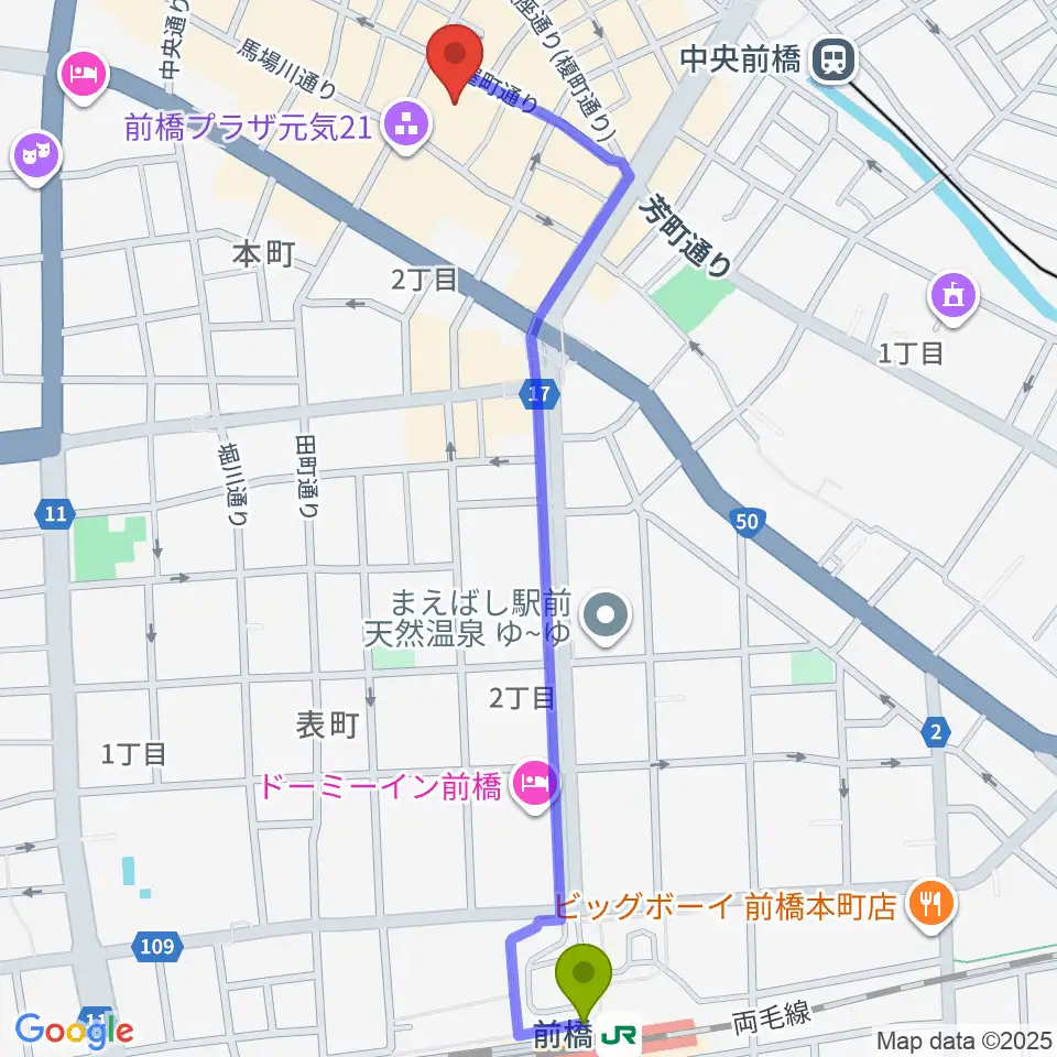 前橋駅からアーツ前橋へのルートマップ地図