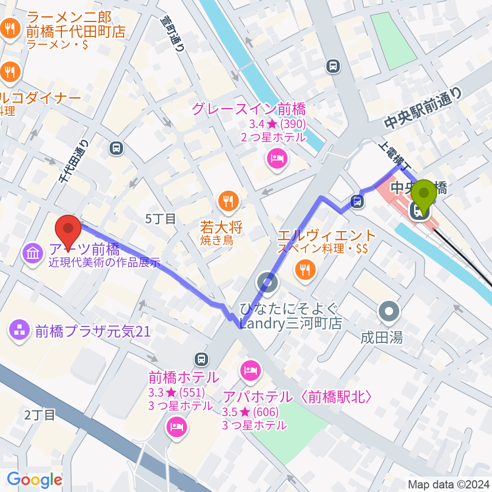 アーツ前橋の最寄駅中央前橋駅からの徒歩ルート（約6分）地図