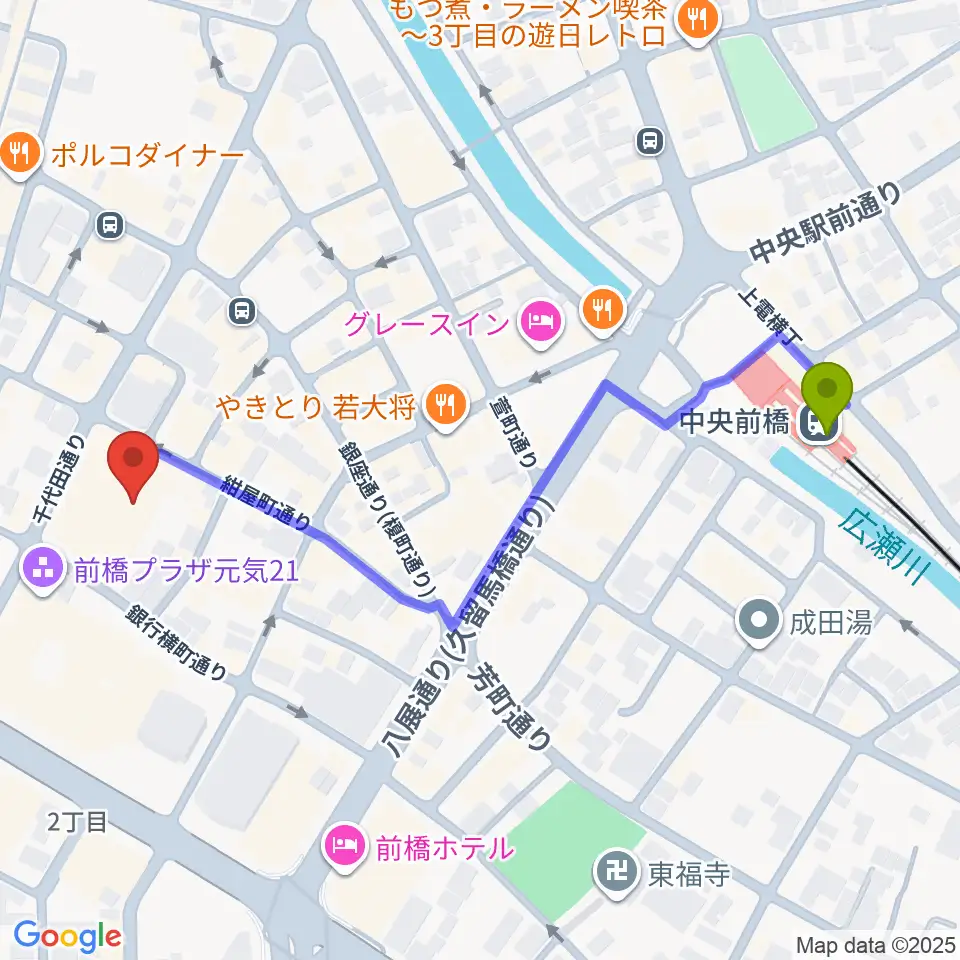 アーツ前橋の最寄駅中央前橋駅からの徒歩ルート（約6分）地図