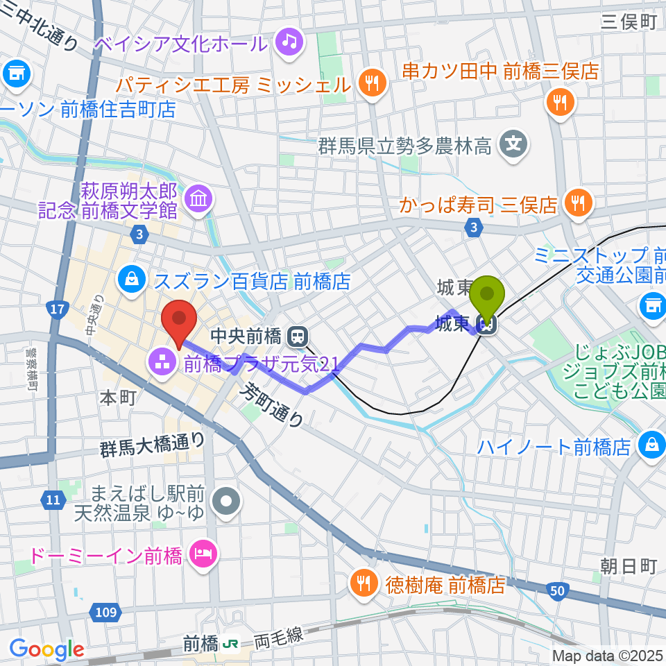 城東駅からアーツ前橋へのルートマップ地図