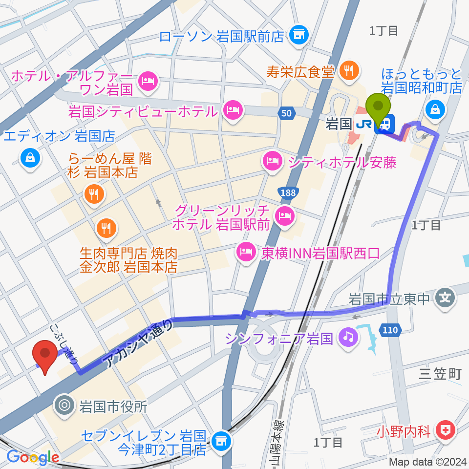 岩国市民文化会館の最寄駅岩国駅からの徒歩ルート（約14分）地図