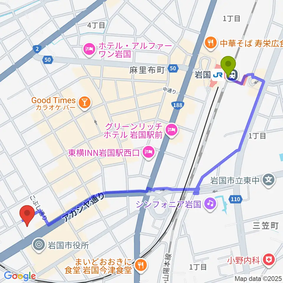 岩国市民文化会館の最寄駅岩国駅からの徒歩ルート（約14分）地図
