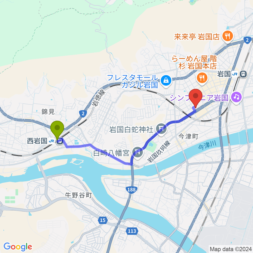 西岩国駅から岩国市民文化会館へのルートマップ地図