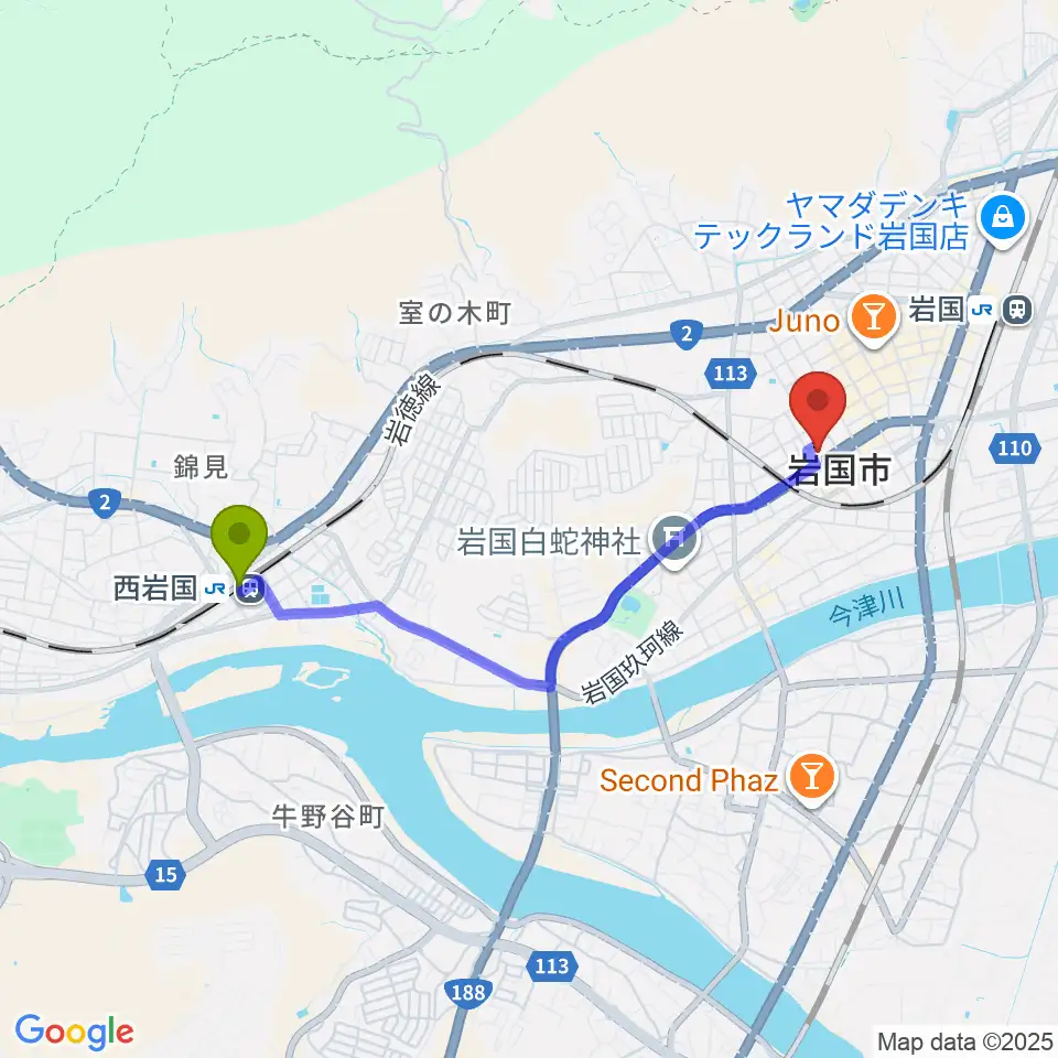 西岩国駅から岩国市民文化会館へのルートマップ地図