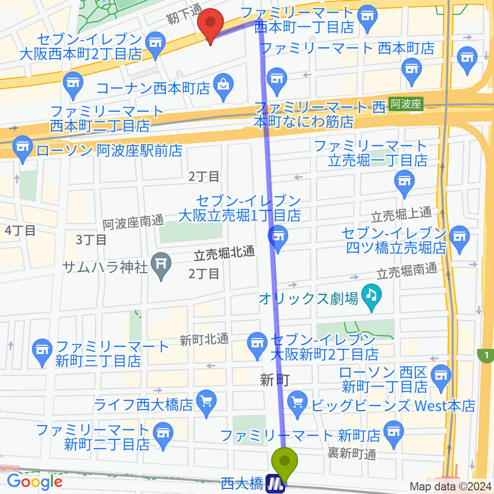 西大橋駅から山下ヴァイオリン・ピアノ教室へのルートマップ地図