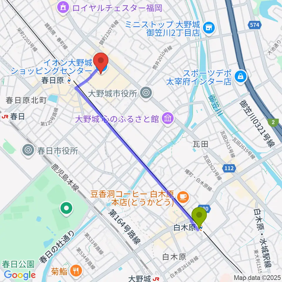 白木原駅からイオンシネマ大野城へのルートマップ地図