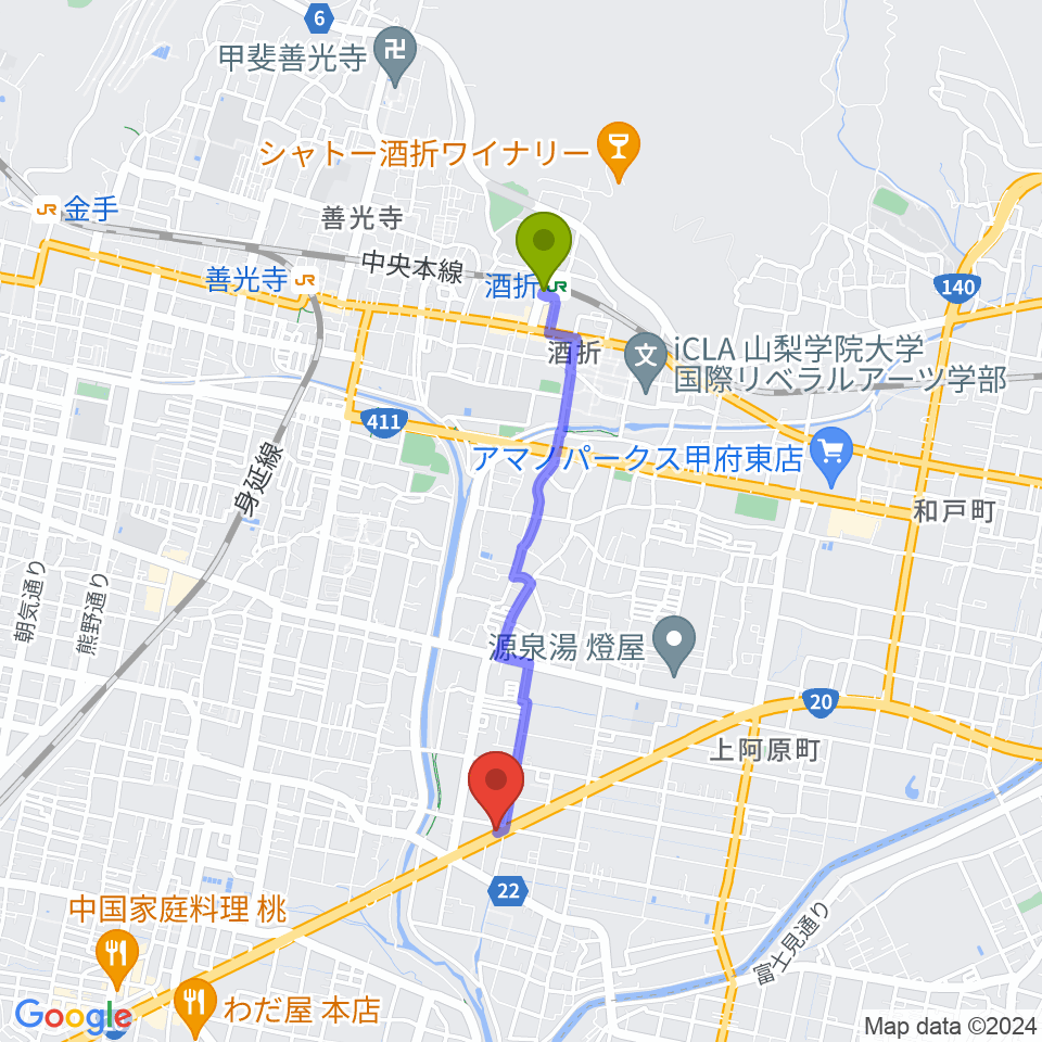 酒折駅からボデガースタジオへのルートマップ地図