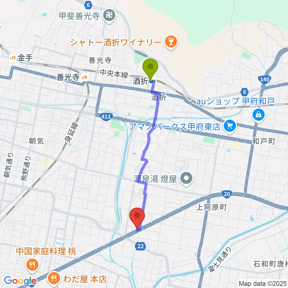 酒折駅からボデガースタジオへのルートマップ地図