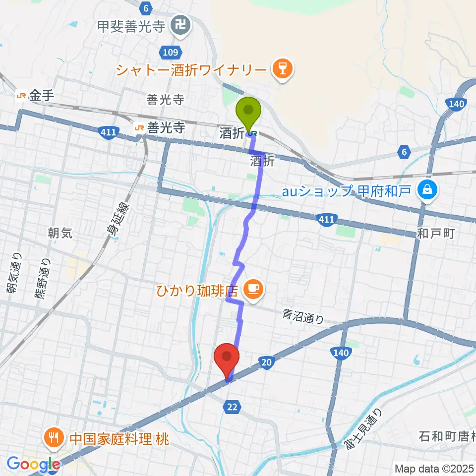 酒折駅からボデガースタジオへのルートマップ地図