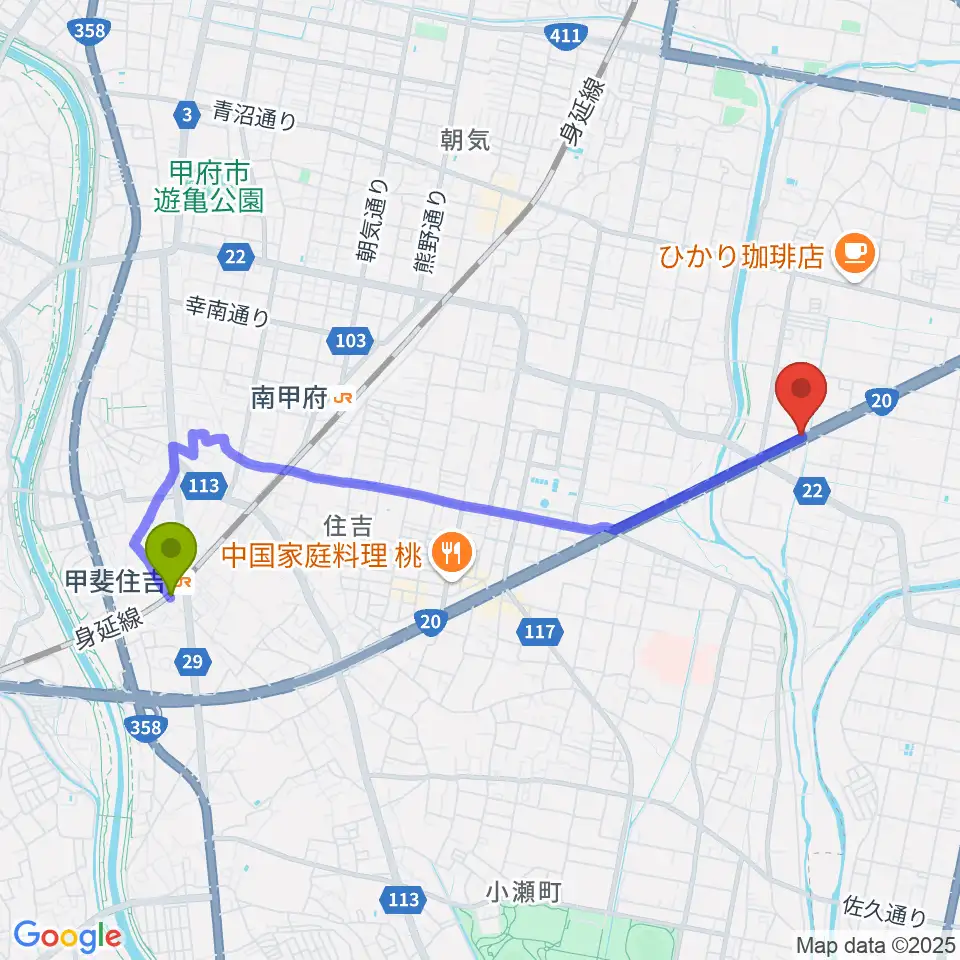 甲斐住吉駅からボデガースタジオへのルートマップ地図