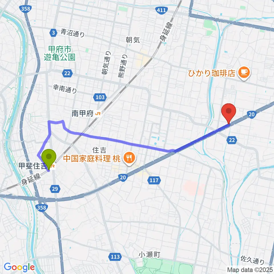 甲斐住吉駅からボデガースタジオへのルートマップ地図