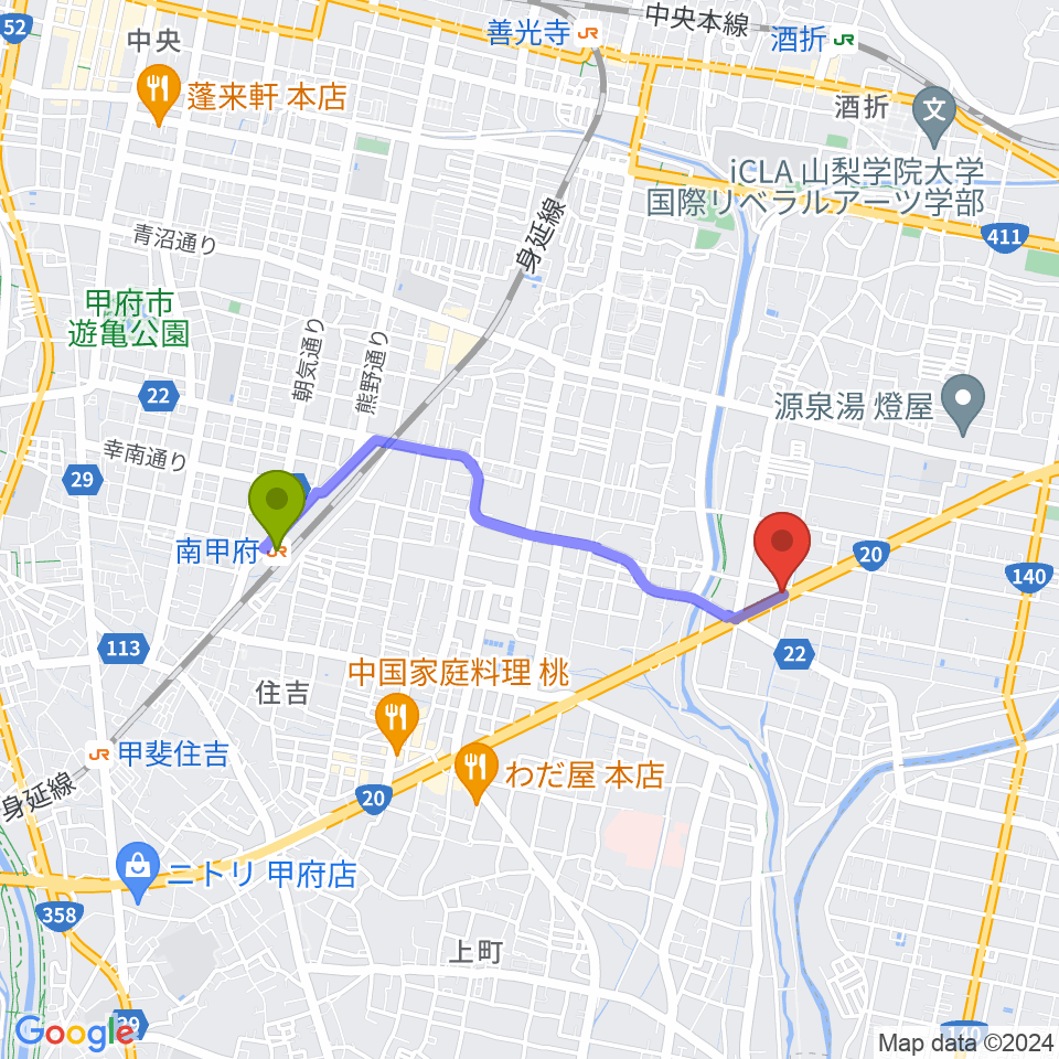 ボデガースタジオの最寄駅南甲府駅からの徒歩ルート（約30分）地図
