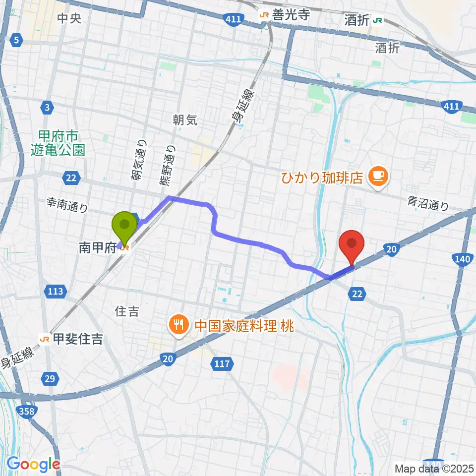 ボデガースタジオの最寄駅南甲府駅からの徒歩ルート（約30分）地図