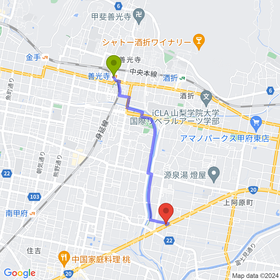 善光寺駅からボデガースタジオへのルートマップ地図