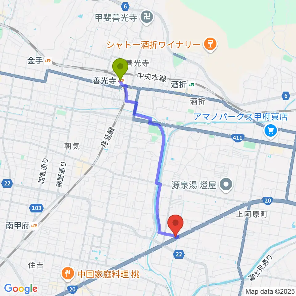 善光寺駅からボデガースタジオへのルートマップ地図