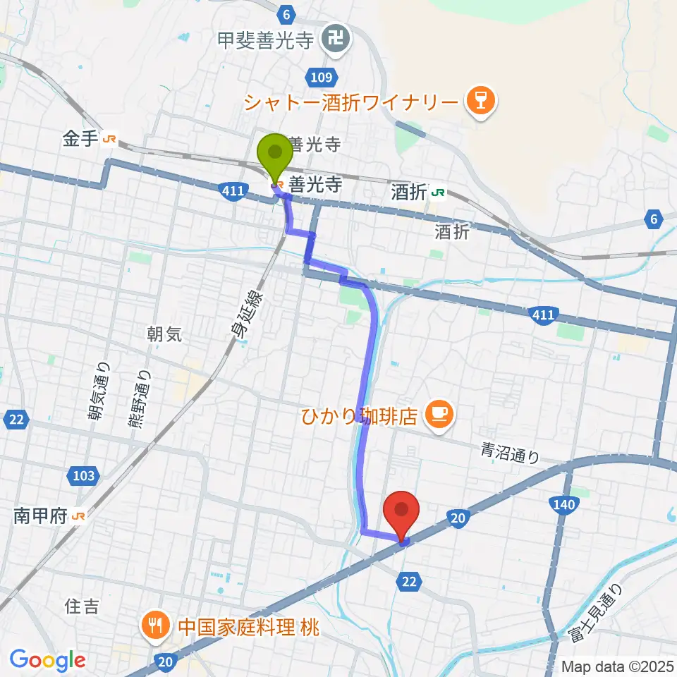 善光寺駅からボデガースタジオへのルートマップ地図