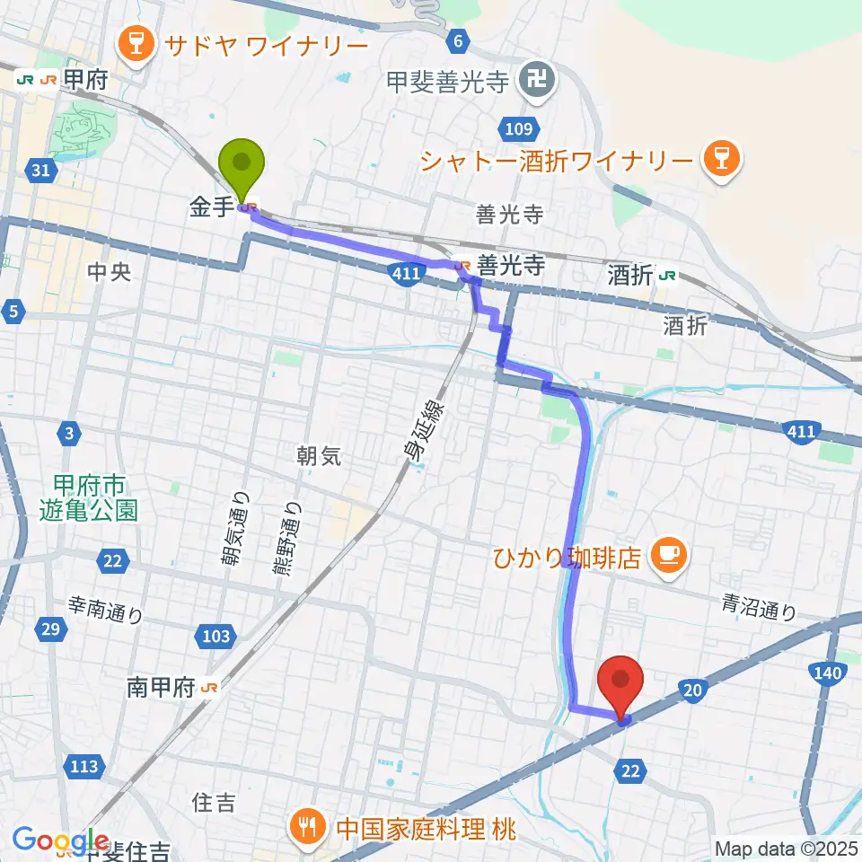 金手駅からボデガースタジオへのルートマップ地図