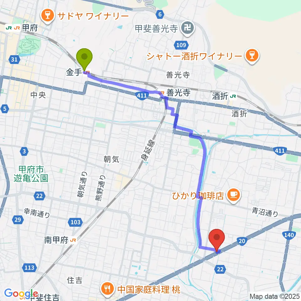 金手駅からボデガースタジオへのルートマップ地図